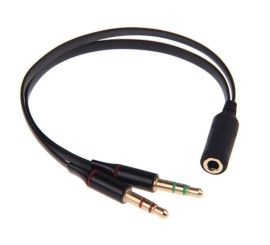 Audio Jack 3,5mm Y-Splitter M/F, Stereo+Mikrofon, plochý kabel, černý, včetně náhlavní soupravy iPhone/Samsung